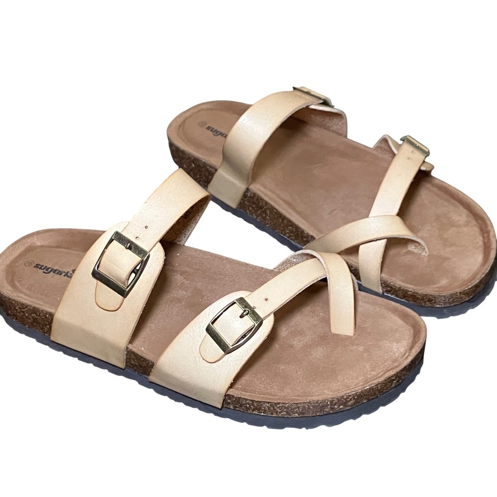 Sugarkiss Toe Loop Sandals Womens 10 Beige NEW Adjustable Buckle Slide Cork Boho